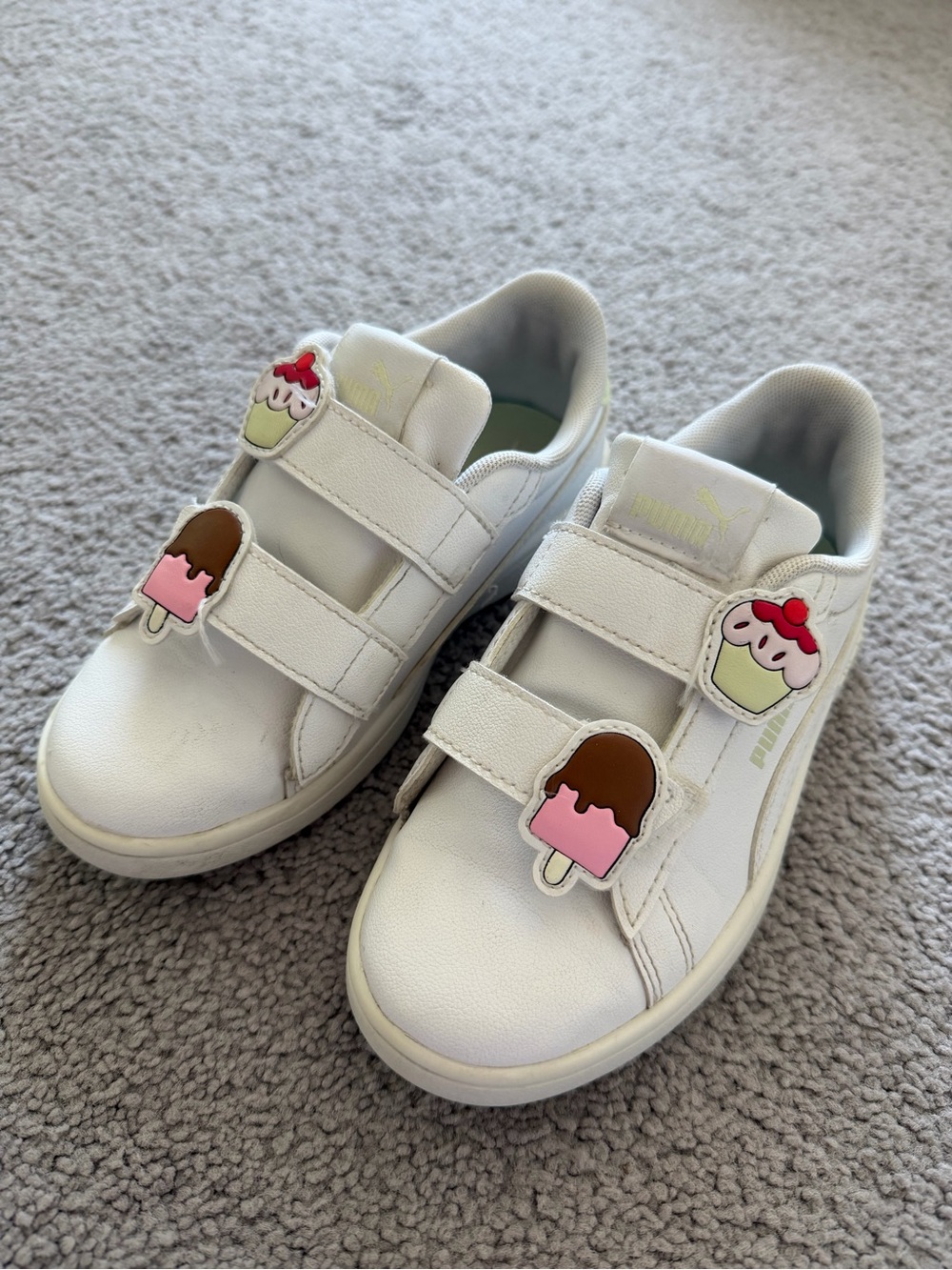 Puma White Kids' Velcro Sneakers with Pink & Brown Ice Cream Charms